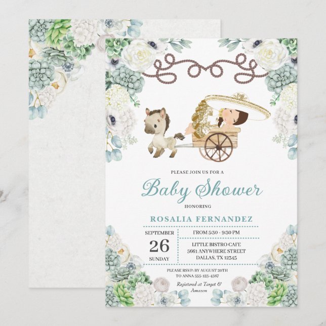 Invitation Cactus Floral Mexicaine Baby Girl Charra Baby show (Devant / Derrière)