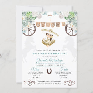 Invitation Cactus Floral Mexicaine Baby Girl Charra Baptism