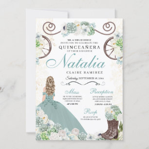Invitation Cactus Floral Mint Green Western Charra Quinceaner
