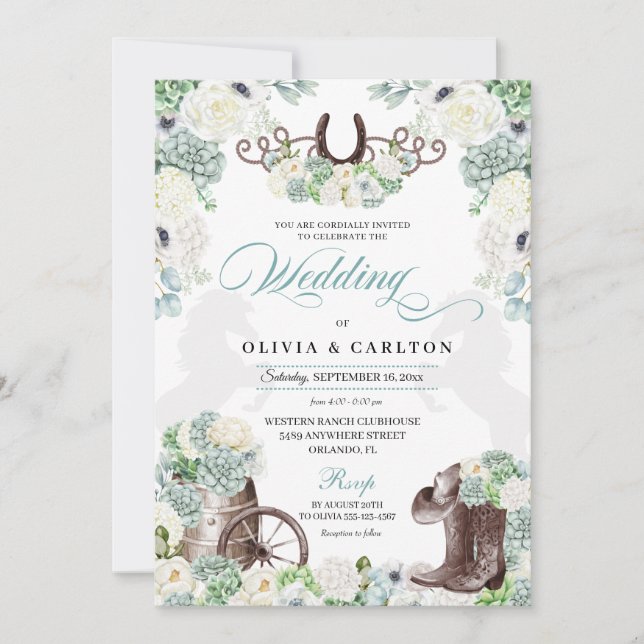 Invitation Cactus Floral Mint Green Western Cowboy Mariage (Devant)