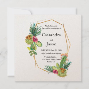 Invitation Cactus Géométrique Cadre Doré Mariage