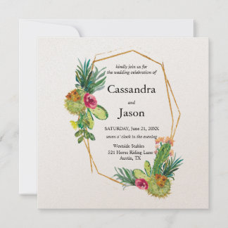 Invitation Cactus Géométrique Cadre Doré Mariage
