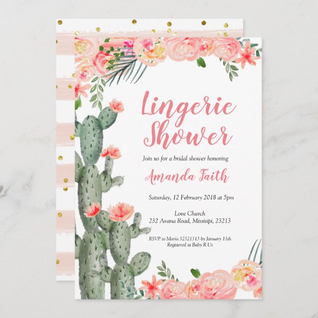 Invitation Cactus mexicain Floral Lingerie Douche (Devant / Derrière)
