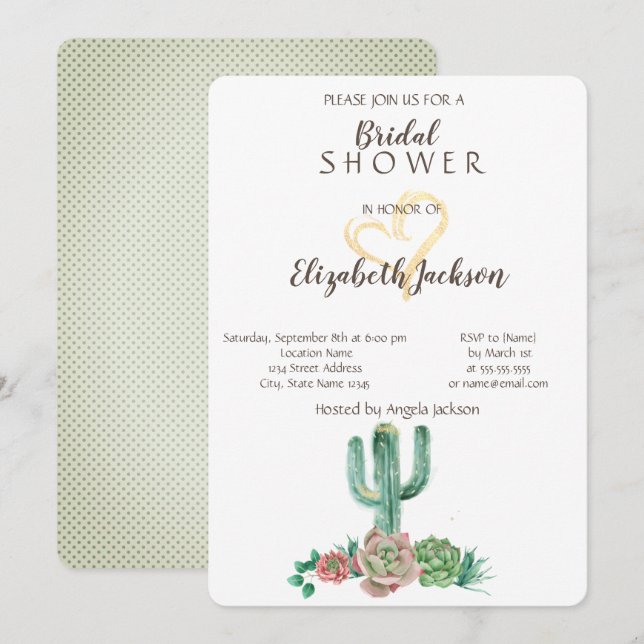 Invitation Cactus Moderne Plante Succulente Cœur Doré  Lancem (Devant / Derrière)