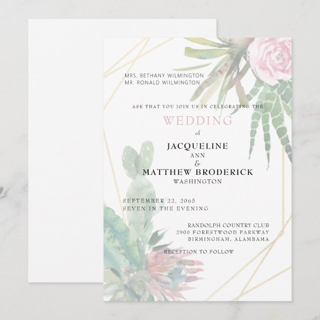 Invitation Cactus Modernes Parents Tropicaux Mariage Mat (Devant / Derrière)