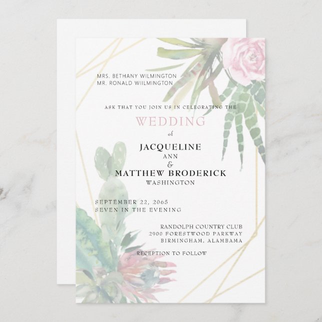 Invitation Cactus modernes Parents tropicaux Mariage Matte (Devant / Derrière)