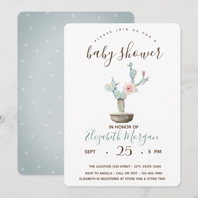 Invitation Cactus Plantes Grasses Points Baby Shower (Devant / Derrière)