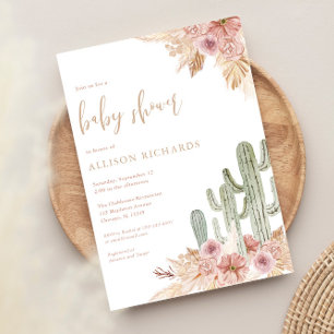 Invitation Cactus rose floral boho bohème fille baby shower