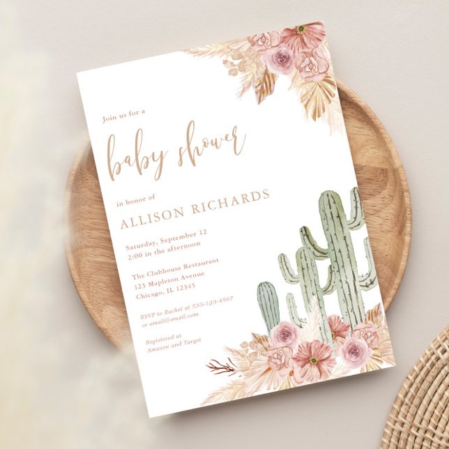 Invitation Cactus rose floral boho bohème fille baby shower (Créateur téléchargé)