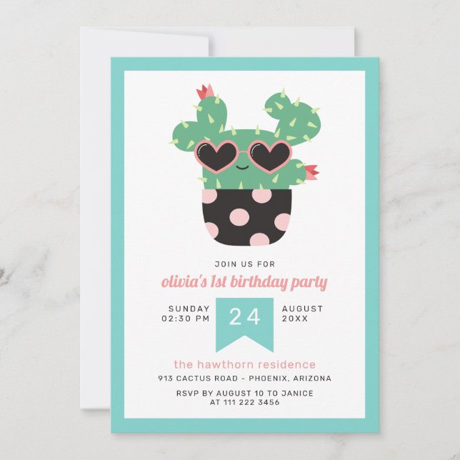 Invitation Cactus rose noir mignonne fête d'anniversaire (Devant)