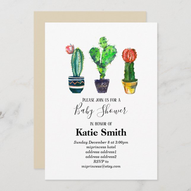Invitation cactus, succulent, aquarelle, fiesta, baby shower (Devant / Derrière)
