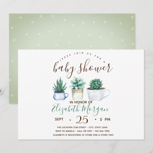 Invitation Cactus Succulent Aquarelle Points Baby Shower (Devant / Derrière)