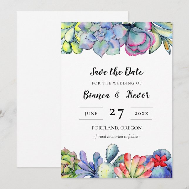 Invitation Cactus succulent aquarelle Save the date (Devant / Derrière)
