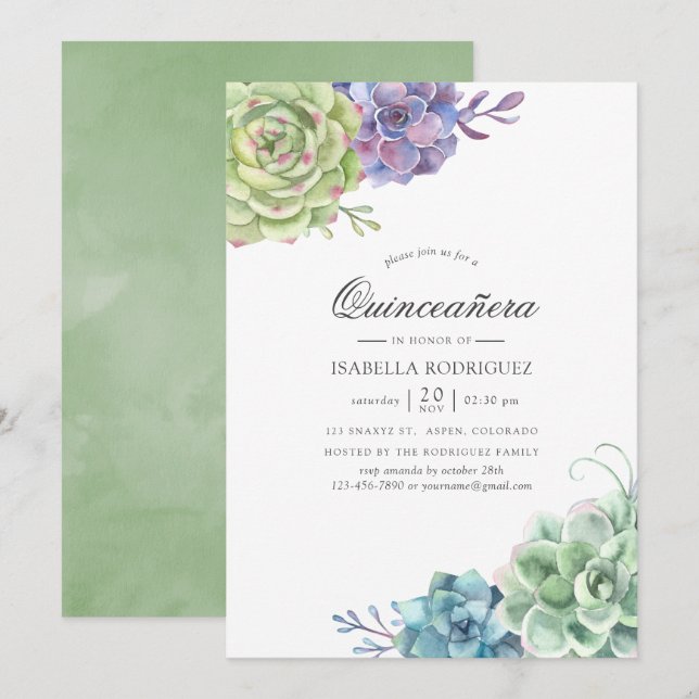 Invitation Cactus succulents aquarelle Quinceañera (Devant / Derrière)