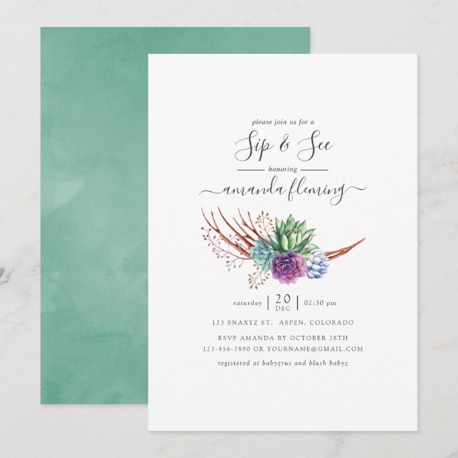 Invitation Cactus succulents de désert à l'aquarelle Sip and  (Devant / Derrière)