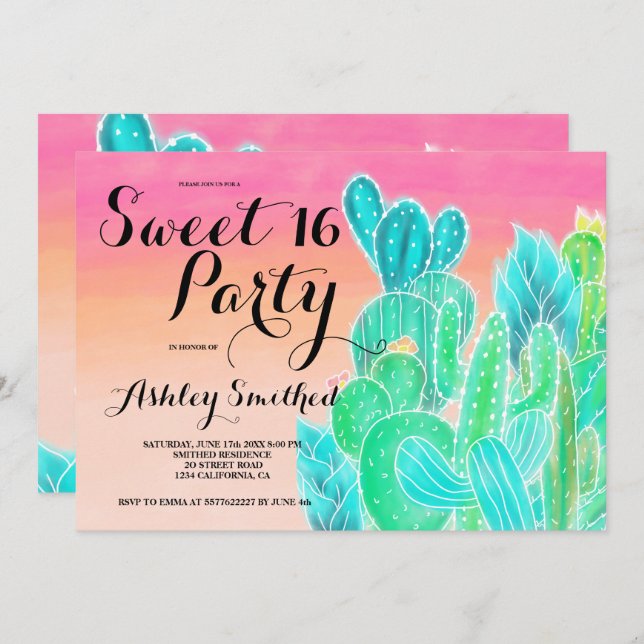 Invitation Cactus tropical pink ombre watercolor Sweet 16 (Devant / Derrière)