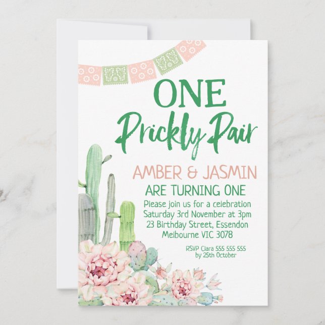 Invitation Cactus Twins One Prickly Pair Anniversaire Invitat (Devant)