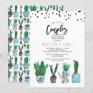 Invitation Cactus Vert Moderne & Points   Fête de Couple