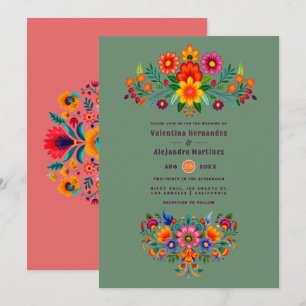 Invitation Cactus Vert & Rose Corail Mariage Fiesta Art Popul