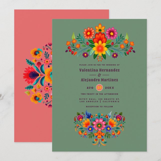 Invitation Cactus Vert & Rose Corail Mariage Fiesta Art Popul (Devant / Derrière)
