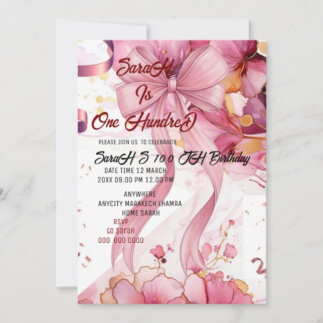 Invitation Cadeau 100e anniversaire Rose (Devant)