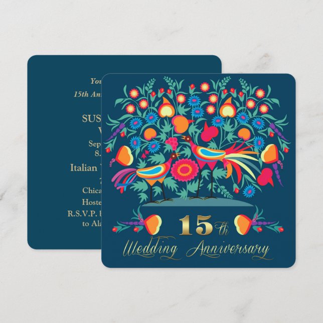 Invitation Cadeau 15e anniversaire de mariage Art folklorique (Devant / Derrière)