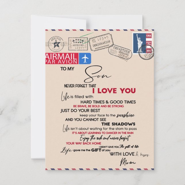 Invitation Cadeau à mon fils, maman et fils, Lettre d'amour à (Devant)