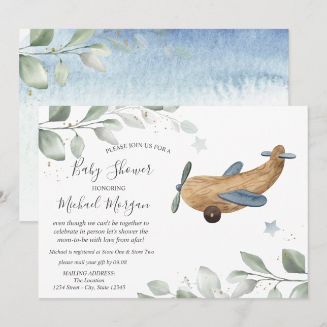 Invitation Cadeau bébé avion en avion par la poste  (Devant / Derrière)
