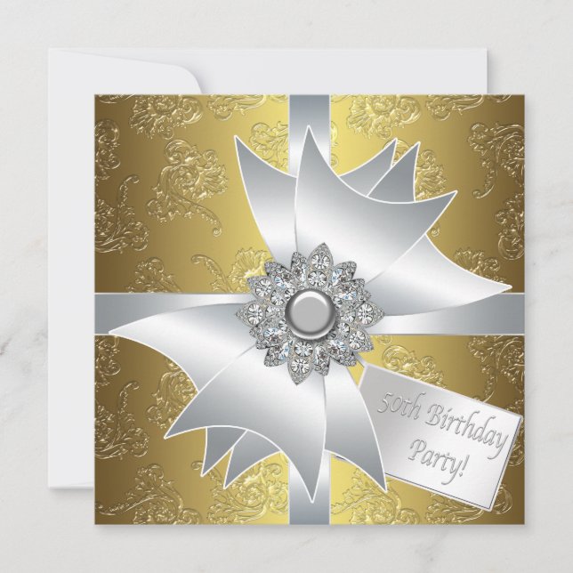 Invitation Cadeau Blanc Or Classique Damassé 50e Anniversaire (Devant)