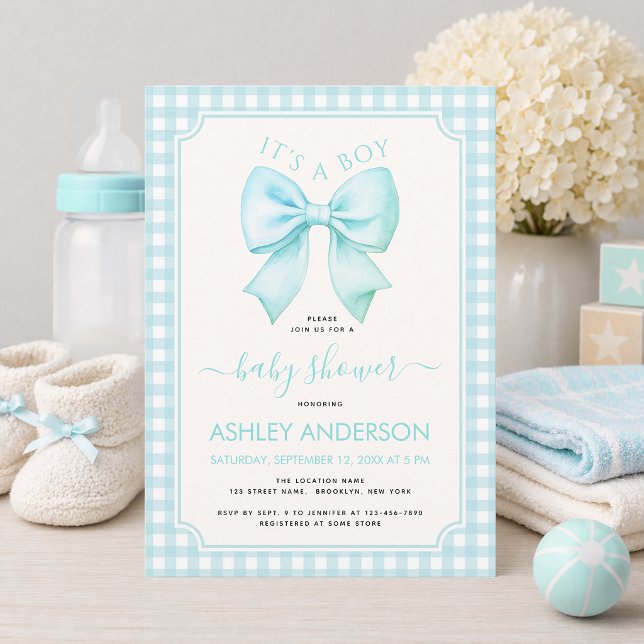Invitation Cadeau Bleu C'est un Garçon Baby Shower Gingham Ca (Créateur téléchargé)
