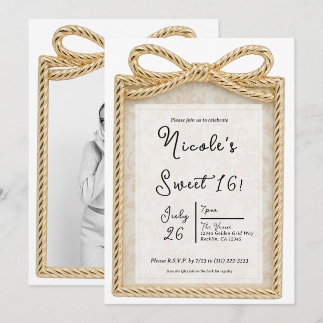 Invitation Cadeau Boîte de Présent Arc d'Or Sweet 16 Party Ph (Devant / Derrière)