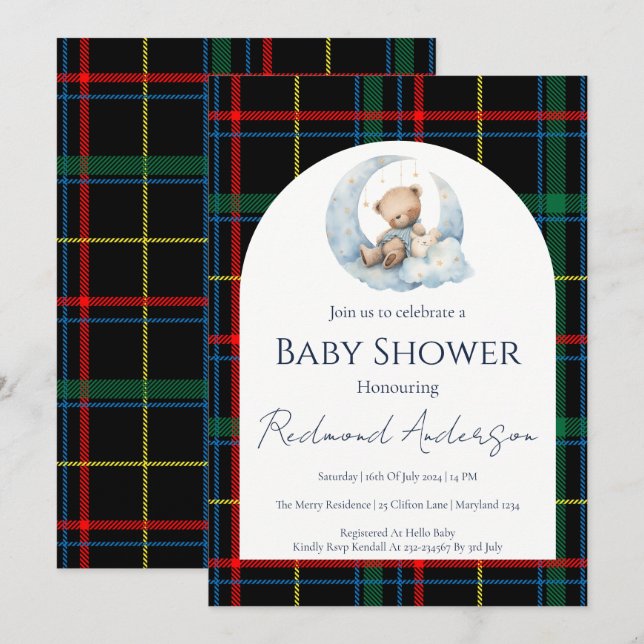 Invitation Cadeau classique à carreaux Teddy Bear pour garçon (Devant / Derrière)