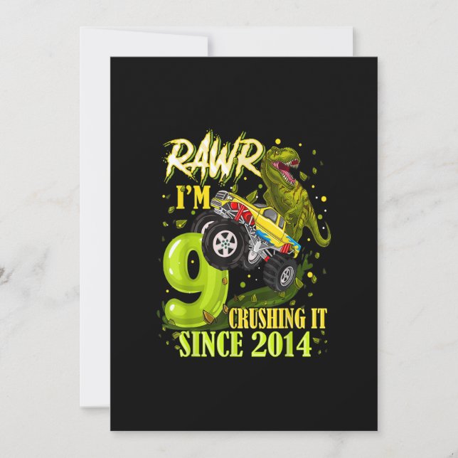 Invitation Cadeau d'anniversaire 9 ans Camion Monstre Dinosau (Devant)