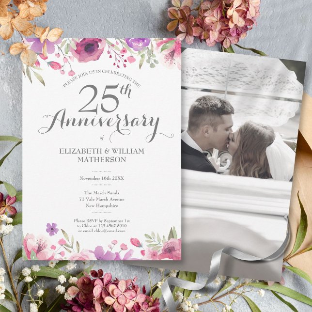 Invitation Cadeau de 25e anniversaire de mariage Photo Roses  (25th Wedding Anniversary Photo Watercolor Roses Invitation)