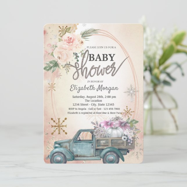 Invitation Cadeau de bébé Truck à citrouilles, Fleurs, Flocon (Debout devant)