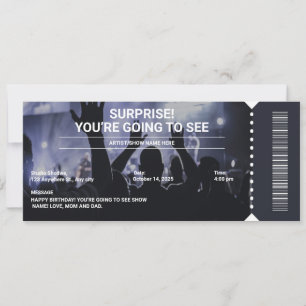 Invitation Cadeau de billet de concert surprise en noir et bl