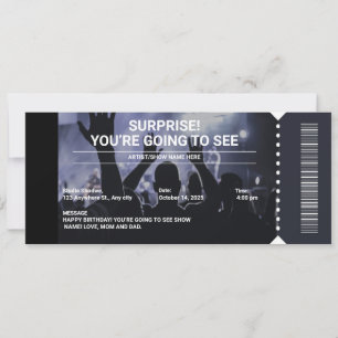 Invitation Cadeau de billet de concert surprise en noir et bl
