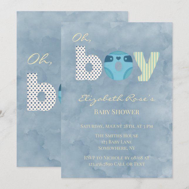 Invitation Cadeau de Fête de Bébé Garçon Diaper Aquarelle Ble (Devant / Derrière)