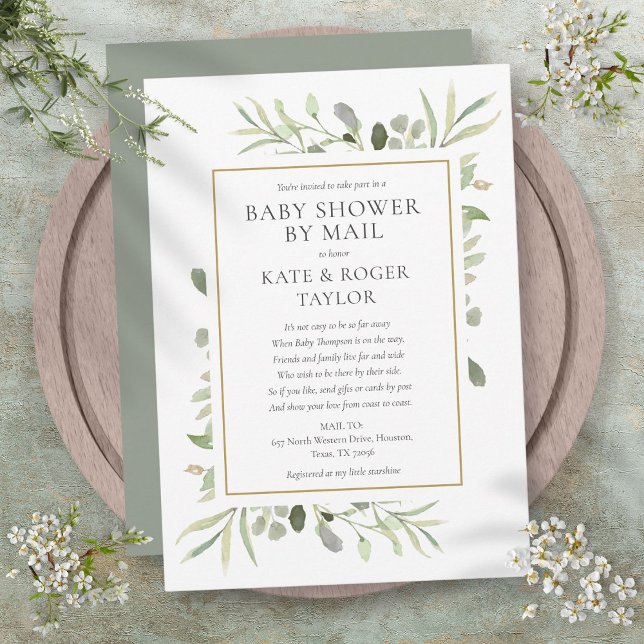 Invitation Cadeau de Naissance par la Poste à Longue Distance (Baby Shower By Mail Long Distance Greenery Invitation)