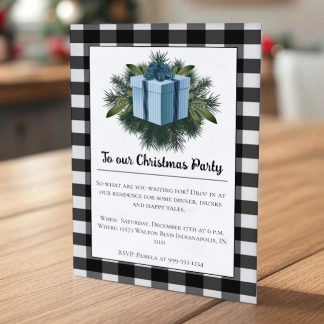 Invitation Cadeau de Noël Plaid Buffalo | Blue Holiday Party (Blue Buffalo Plaid Christmas Gift Holiday Party Invitation)