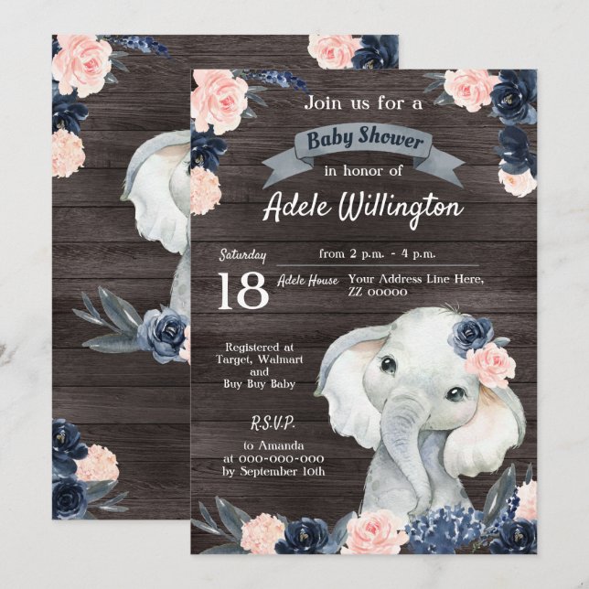 Invitation Cadeau d'éléphant aquarelle floral marine rose boi (Devant / Derrière)