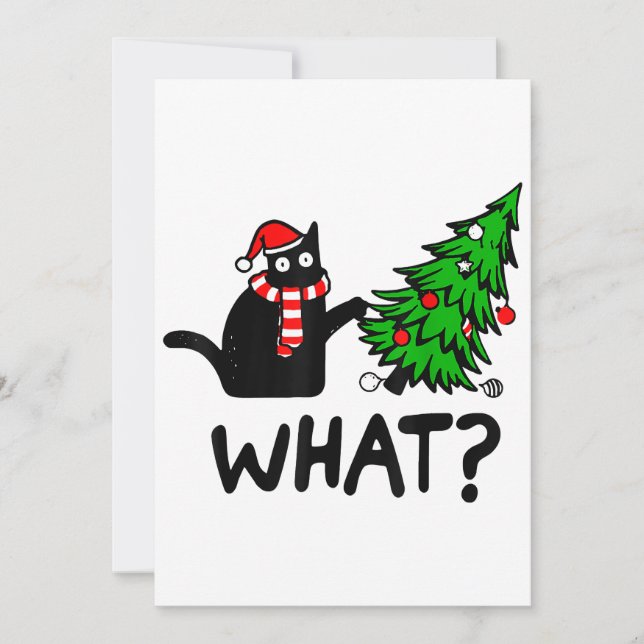 Invitation Cadeau drôle de chat noir poussant l'arbre de Noël (Devant)