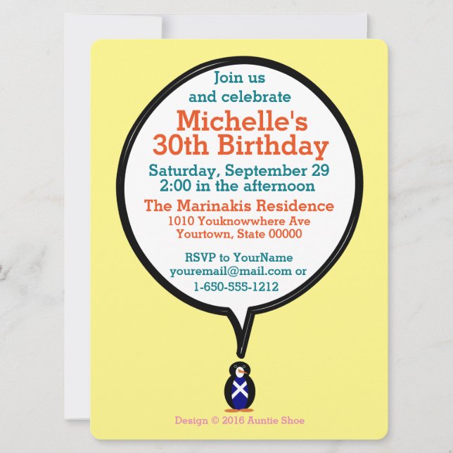 Invitation Cadeau personnalisé pour anniversaire avec manchot (Devant)