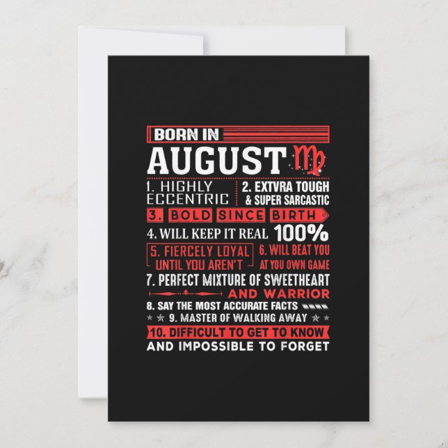 Invitation Cadeaux d'anniversaire d'août - Né en août Vierge (Devant)