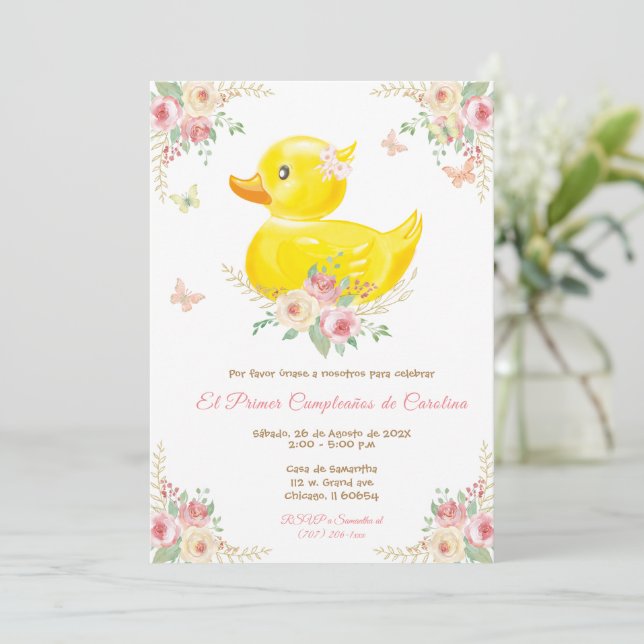 Invitation Cadeaux d'anniversaire pour fille de canard en cao (Debout devant)
