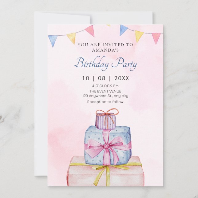 Invitation Cadeaux d'anniversaire rose pastel (Devant)