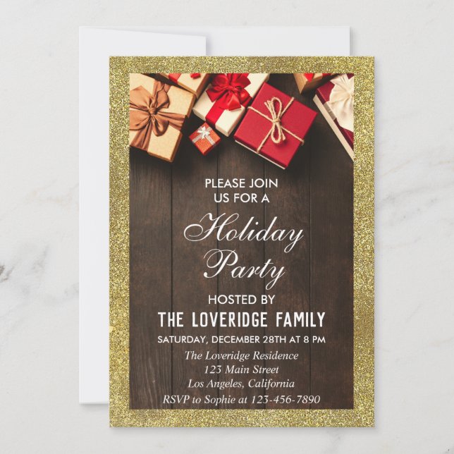 Invitation Cadeaux de fête de Noël festive pailletés or (Devant)