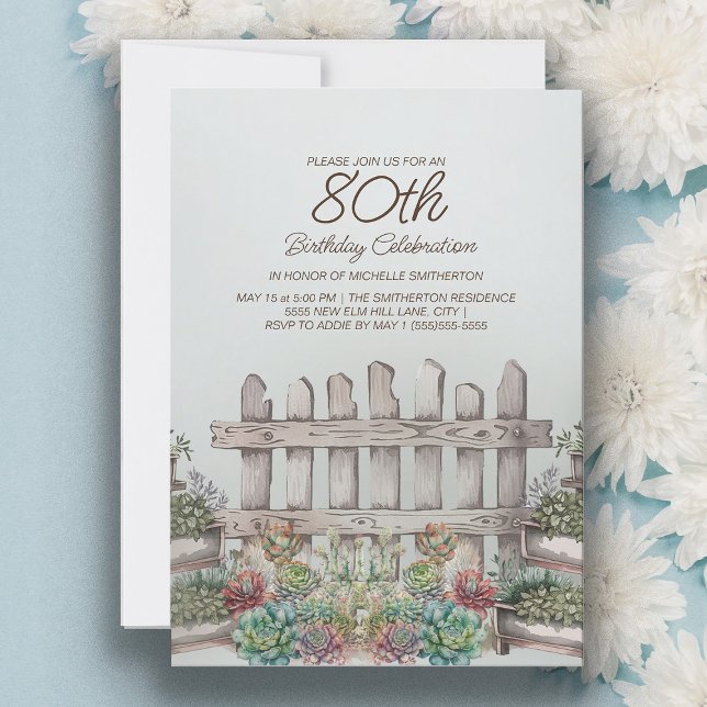 Invitation Cadeaux de Jardin de Plantes Succulentes pour 80e  (Garden and succulents 80th birthday party invitation for women)