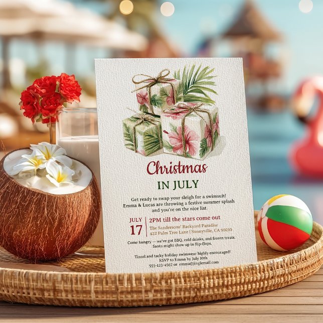 Invitation Cadeaux de palme tropicale Luau Noël en juillet (Tropical Palm Gifts Luau Christmas in July Party Invitation)