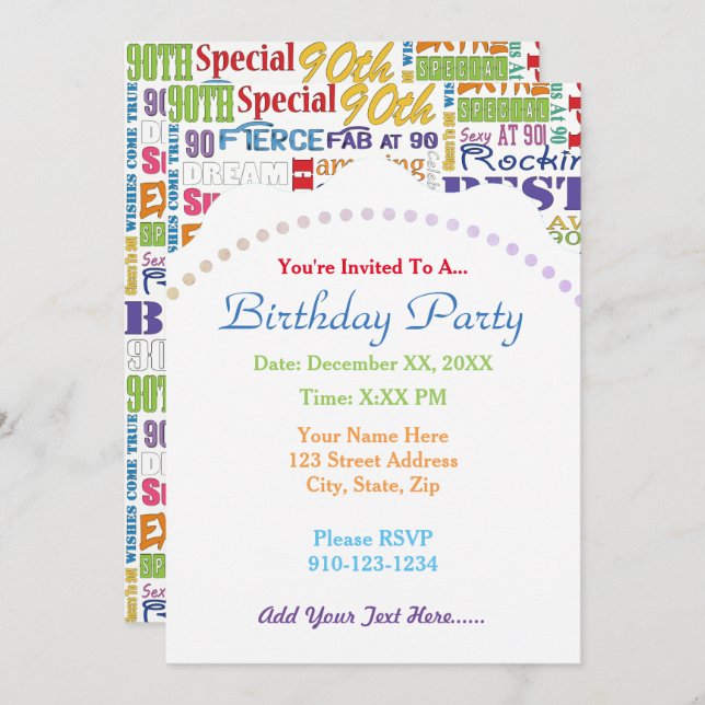 Invitation Cadeaux Uniques Et Spéciaux 90e Anniversaire (Devant / Derrière)